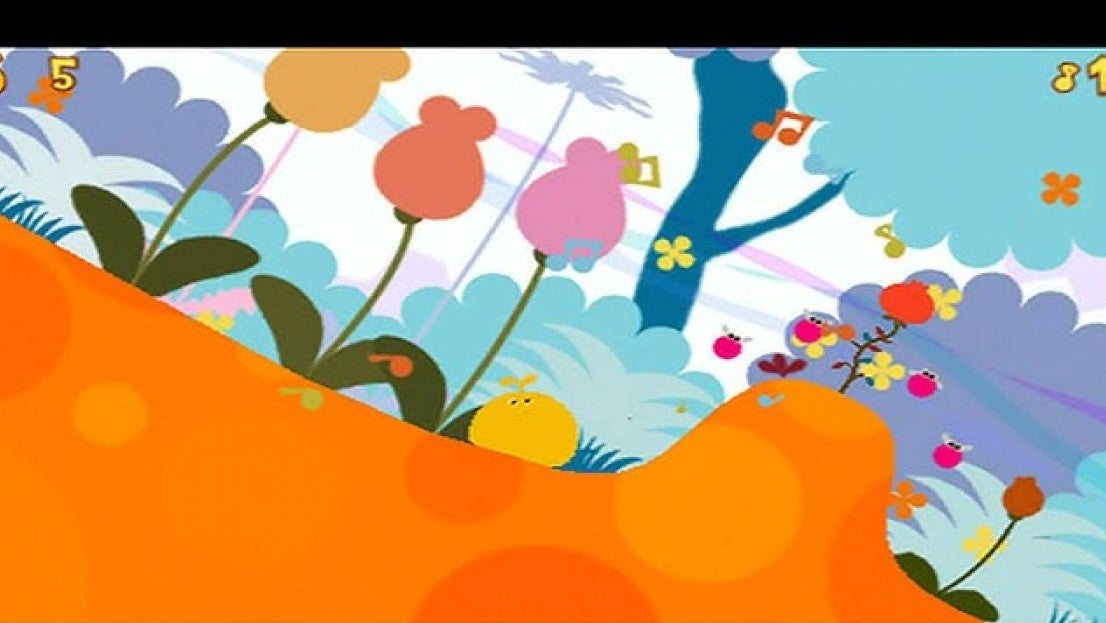 LocoRoco PSP inspired design featuring whimsical platform adventure aesthetic colorful rolling creatures vibrant hand drawn environments cheerful music playful physics based gameplay charming puzzle elements and joyful portable gaming presentation gameplay