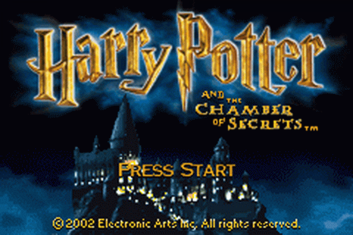 Harry Potter and the Chamber of Secrets for Game Boy Advance, title screen for an action-adventure role-playing video game with spell casting, exploration, puzzle-solving, and wizarding world gameplay
