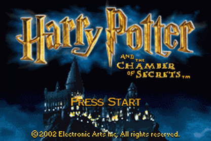 Harry Potter and the Chamber of Secrets for Game Boy Advance, title screen for an action-adventure role-playing video game with spell casting, exploration, puzzle-solving, and wizarding world gameplay