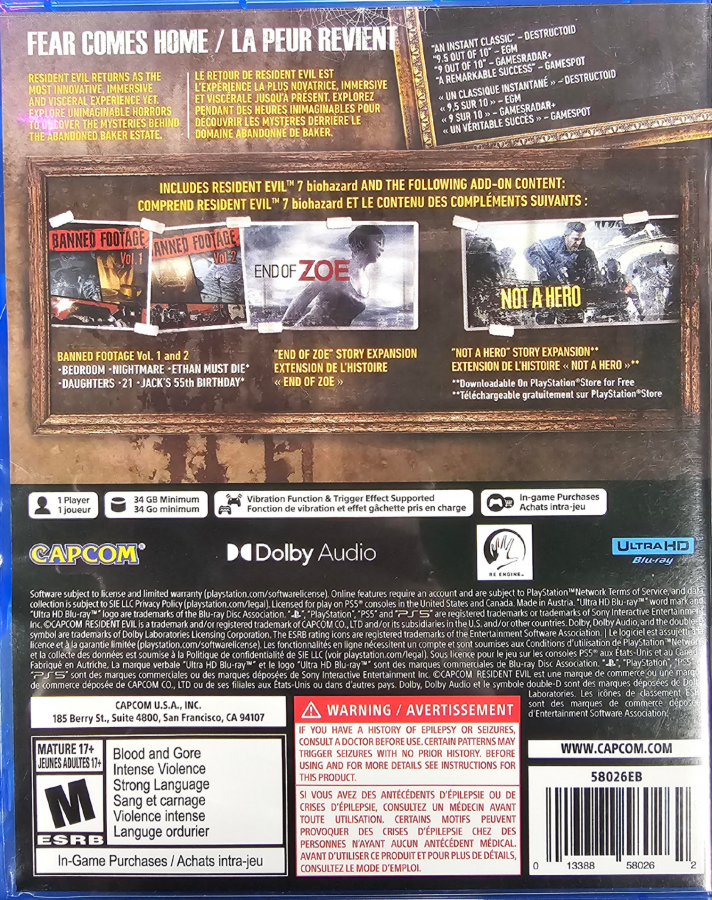 Resident Evil VII Biohazard Gold Edition PlayStation 5 PS5 for survival horror video game fans featuring first person gameplay terrifying exploration Baker family mansion environments intense combat puzzle solving resource management grotesque enemies atmospheric storytelling and Gold Edition additional content for an immersive horror gaming experience collectible appeal back cover art