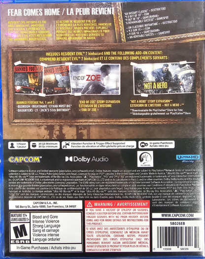 Resident Evil VII Biohazard Gold Edition PlayStation 5 PS5 for survival horror video game fans featuring first person gameplay terrifying exploration Baker family mansion environments intense combat puzzle solving resource management grotesque enemies atmospheric storytelling and Gold Edition additional content for an immersive horror gaming experience collectible appeal back cover art