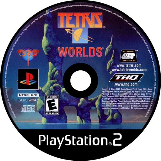 Tetris Worlds PS2 Sony PlayStation 2 puzzle game block stacking falling tetromino shapes classic arcade puzzle gameplay single player multiplayer modes high score challenge Atari Tetris franchise retro gaming PlayStation 2 software video game title disc