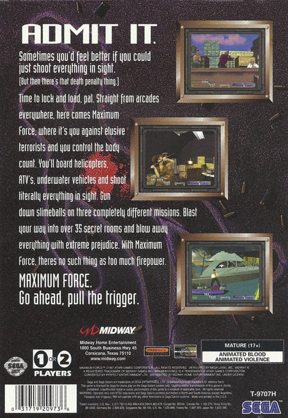Maximum Force Pull the Trigger Sega Saturn full motion video FMV rail shooter arcade style live action shooting game military terrorist targets interactive movie gameplay Digital Pictures style retro gaming Sega Saturn software video game title back cover art