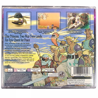 Breath of Fire IV CIB PlayStation 1 PS1 role playing video game featuring epic fantasy adventure turn-based battles powerful magic dragon transformations character development exploration memorable characters challenging enemies and classic PlayStation 1 PS1 gameplay complete in box collectible retro gaming appeal back cover art