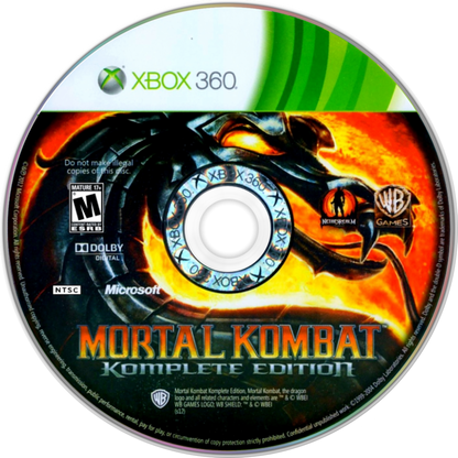 Mortal Kombat Komplete Edition Xbox 360 cover art for retro video game enthusiasts featuring brutal fighting gameplay iconic arcade combat fatalities combo based mechanics character roster from the Mortal Kombat universe story driven tournament battles and competitive arcade style fighting game experience and collectible gaming appeal disc