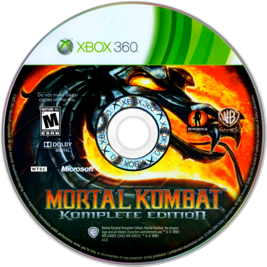 Mortal Kombat Komplete Edition Xbox 360 cover art for retro video game enthusiasts featuring brutal fighting gameplay iconic arcade combat fatalities combo based mechanics character roster from the Mortal Kombat universe story driven tournament battles and competitive arcade style fighting game experience and collectible gaming appeal disc