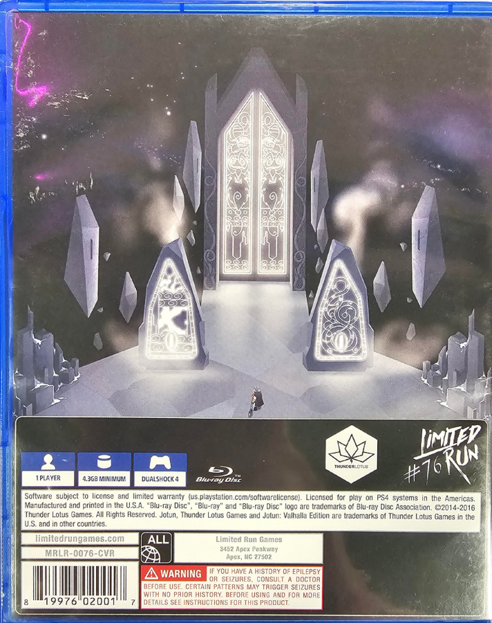 Jotun Valhalla Edition Limited Run #76 PlayStation 4 PS4 for action adventure video game fans featuring Norse mythology exploration hand drawn visuals giant boss battles powerful abilities puzzle solving challenging environments and Valhalla Edition limited release collectible gaming appeal back cover art