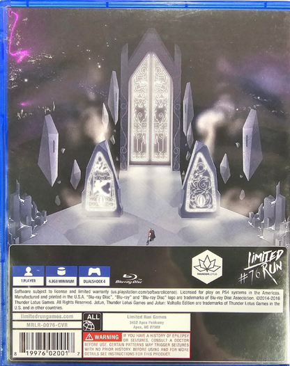Jotun Valhalla Edition Limited Run #76 PlayStation 4 PS4 for action adventure video game fans featuring Norse mythology exploration hand drawn visuals giant boss battles powerful abilities puzzle solving challenging environments and Valhalla Edition limited release collectible gaming appeal back cover art