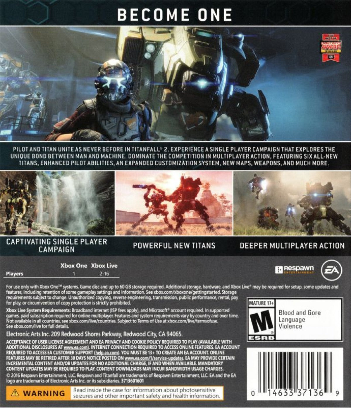 Titanfall 2 Xbox One fast-paced sci-fi shooter with pilot parkour combat and powerful Titan mech battles back cover