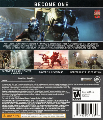Titanfall 2 Xbox One fast-paced sci-fi shooter with pilot parkour combat and powerful Titan mech battles back cover