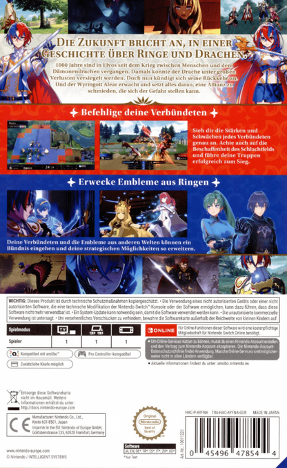 Fire Emblem Engage Nintendo Switch NS video game featuring tactical role playing gameplay turn based strategy battles character recruitment team building weapon combat fantasy adventure Emblem Rings iconic Fire Emblem heroes character development and story driven gameplay Nintendo Switch gaming back cover art