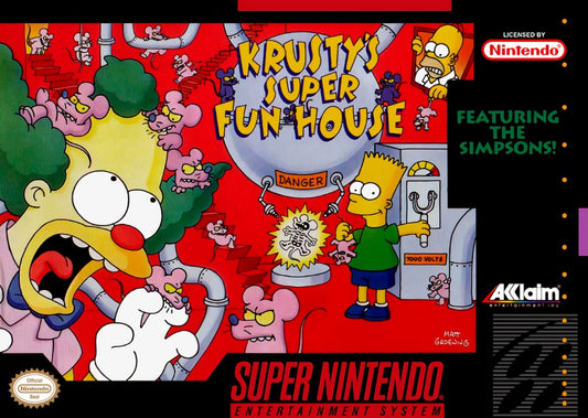 Krustys Super Fun House Super Nintendo Entertainment System SNES puzzle platformer video game Krusty the Clown The Simpsons license pest control maze building Acclaim cartoon license mice traps pie factory front box cover