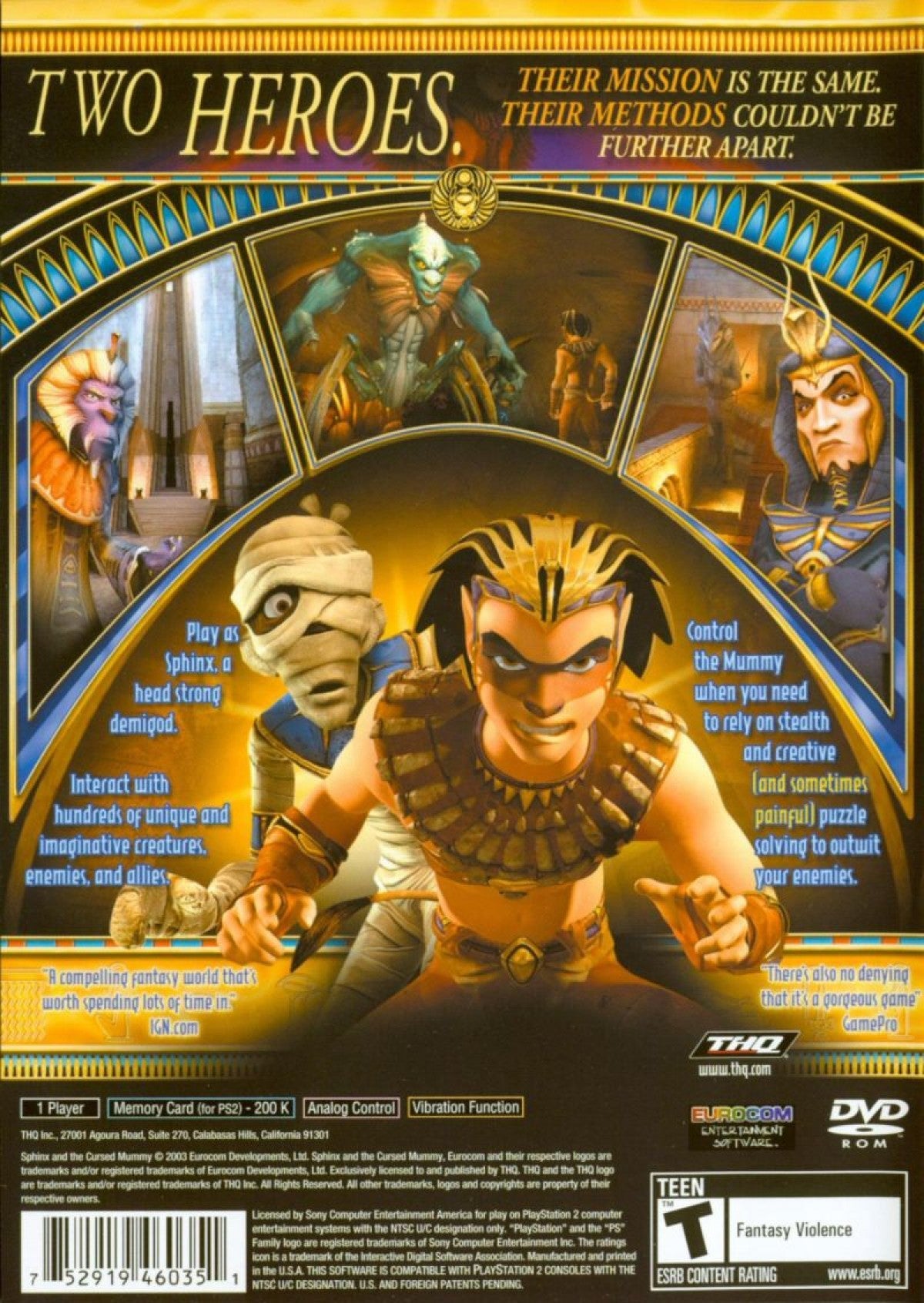 Sphinx and the Cursed Mummy PlayStation 2 PS2 for action adventure video game fans featuring ancient Egyptian mythology exploration puzzle solving platforming combat gameplay legendary creatures magical abilities Sphinx and Mummy character adventures fantasy worlds immersive storytelling collectible gaming appeal  back cover 