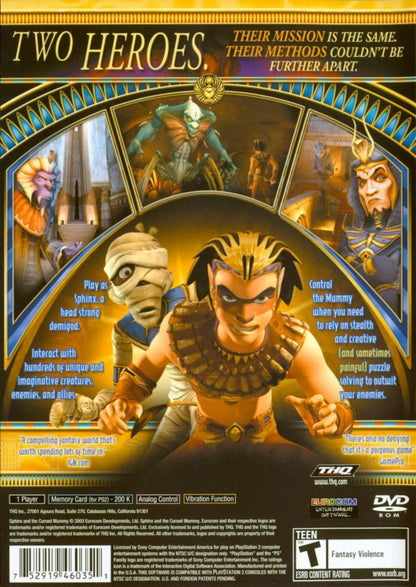Sphinx and the Cursed Mummy PlayStation 2 PS2 for action adventure video game fans featuring ancient Egyptian mythology exploration puzzle solving platforming combat gameplay legendary creatures magical abilities Sphinx and Mummy character adventures fantasy worlds immersive storytelling collectible gaming appeal  back cover 