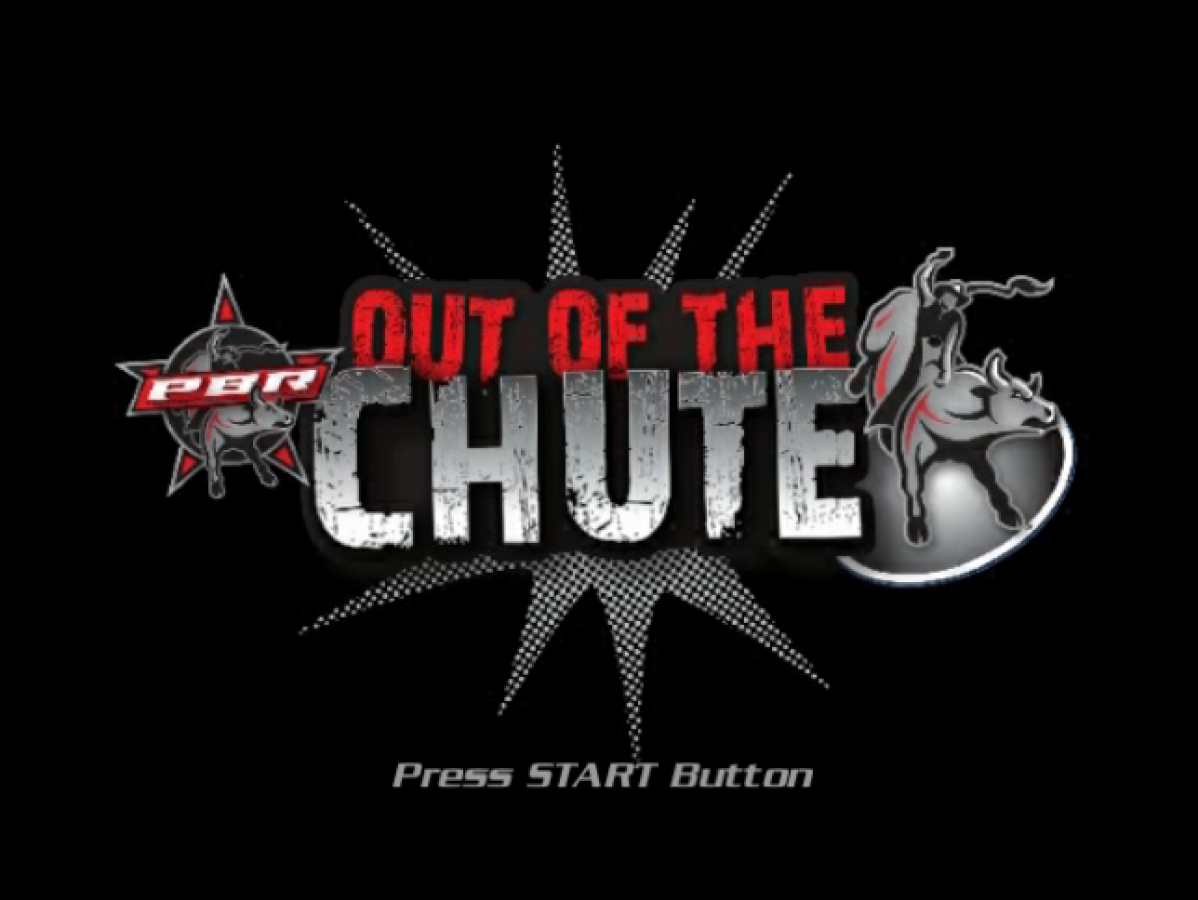 PBR Out of the Chute – PlayStation 2 (PS2) video game title screen, professional bull riding sports game.