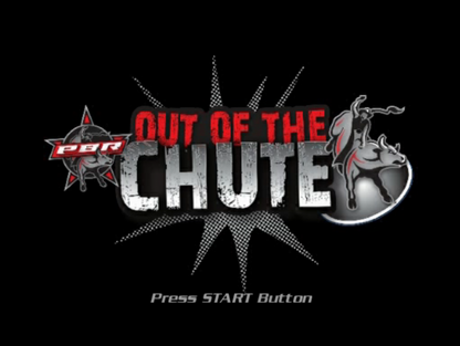 PBR Out of the Chute – PlayStation 2 (PS2) video game title screen, professional bull riding sports game.