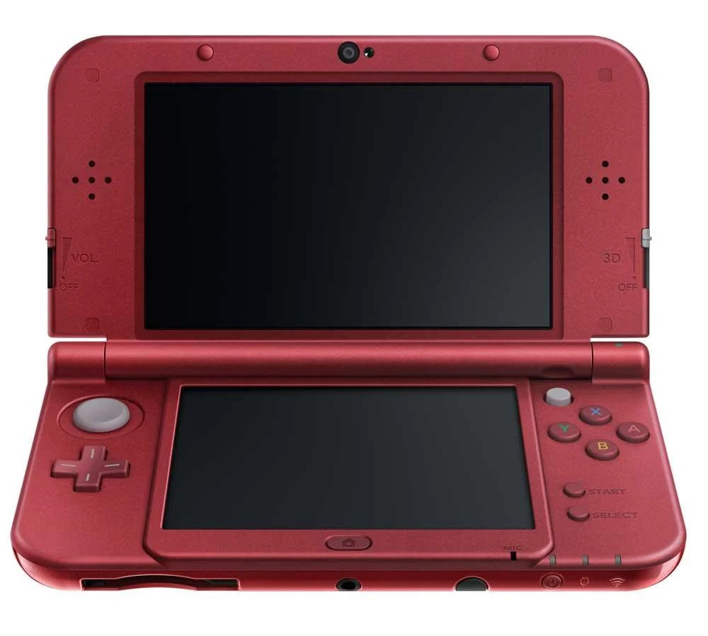 Nintendo New 3DS XL System 3DS XL Red handheld gaming console featuring dual screen design larger display 3D gaming capabilities built in controls C Stick enhanced processing portable Nintendo gaming system red console design retro gaming collection collectible handheld hardware appeal off