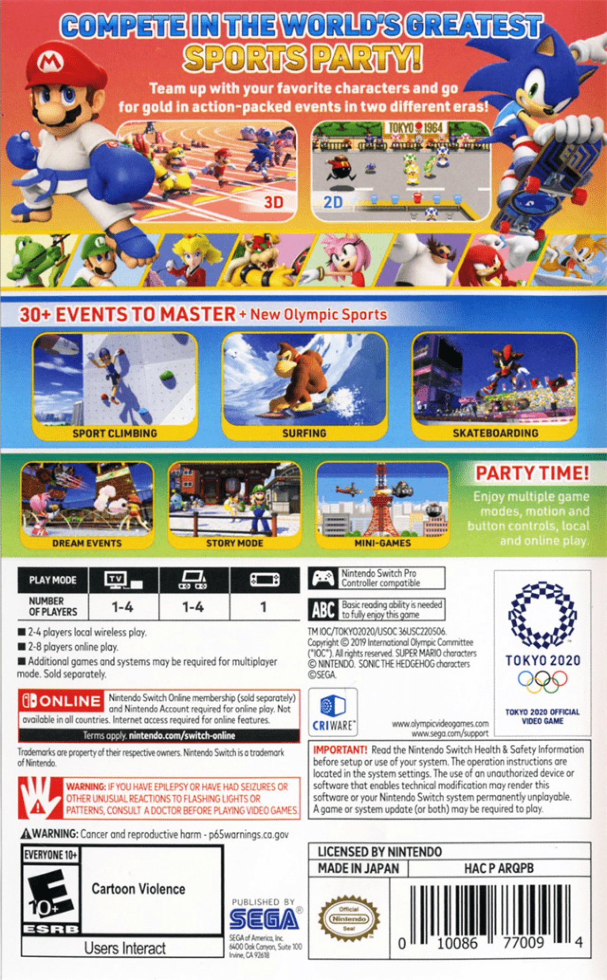 Mario and Sonic at the Olympic Games Tokyo 2020 back of box for Nintendo Switch NS video game