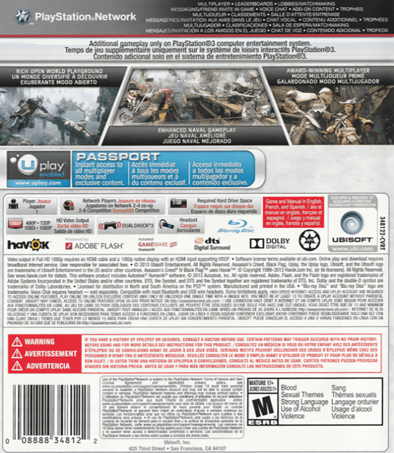 Assassin's Creed IV: Black Flag back cover art for PlayStation 3 (PS3) video game