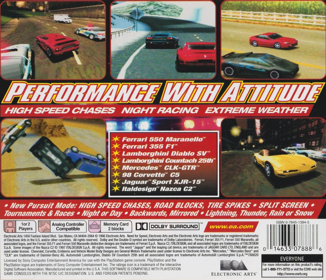 Need for Speed III: Hot Pursuit racing video game for the original Sony PlayStation (PS1), featuring high-speed street racing, exotic sports cars, challenging tracks, police pursuits, multiple race modes, and intense arcade-style driving action as players race against opponents while trying to evade law enforcement back cover art