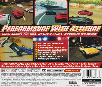Need for Speed III: Hot Pursuit racing video game for the original Sony PlayStation (PS1), featuring high-speed street racing, exotic sports cars, challenging tracks, police pursuits, multiple race modes, and intense arcade-style driving action as players race against opponents while trying to evade law enforcement back cover art