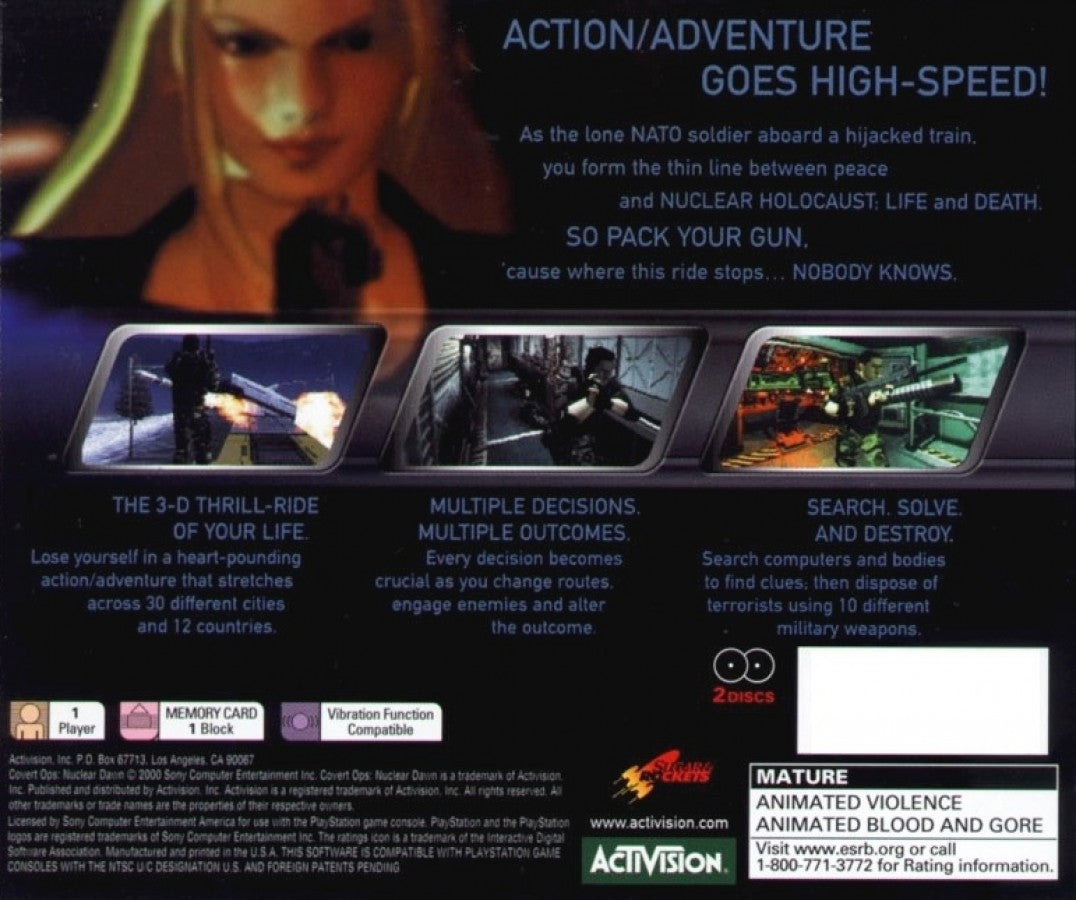 Covert Ops: Nuclear Dawn retro tactical action shooter game for PlayStation 1 (PS1) back of case