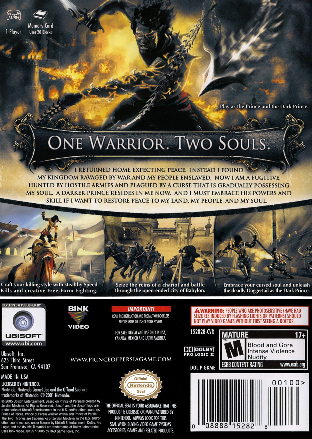 Prince of Persia The Two Thrones Nintendo GameCube game featuring action adventure gameplay with dual wield combat stealth mechanics acrobatic platforming and a story following the Prince as he battles his dark alter ego in a war torn Babylon back cover