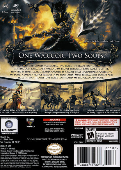 Prince of Persia The Two Thrones Nintendo GameCube game featuring action adventure gameplay with dual wield combat stealth mechanics acrobatic platforming and a story following the Prince as he battles his dark alter ego in a war torn Babylon back cover