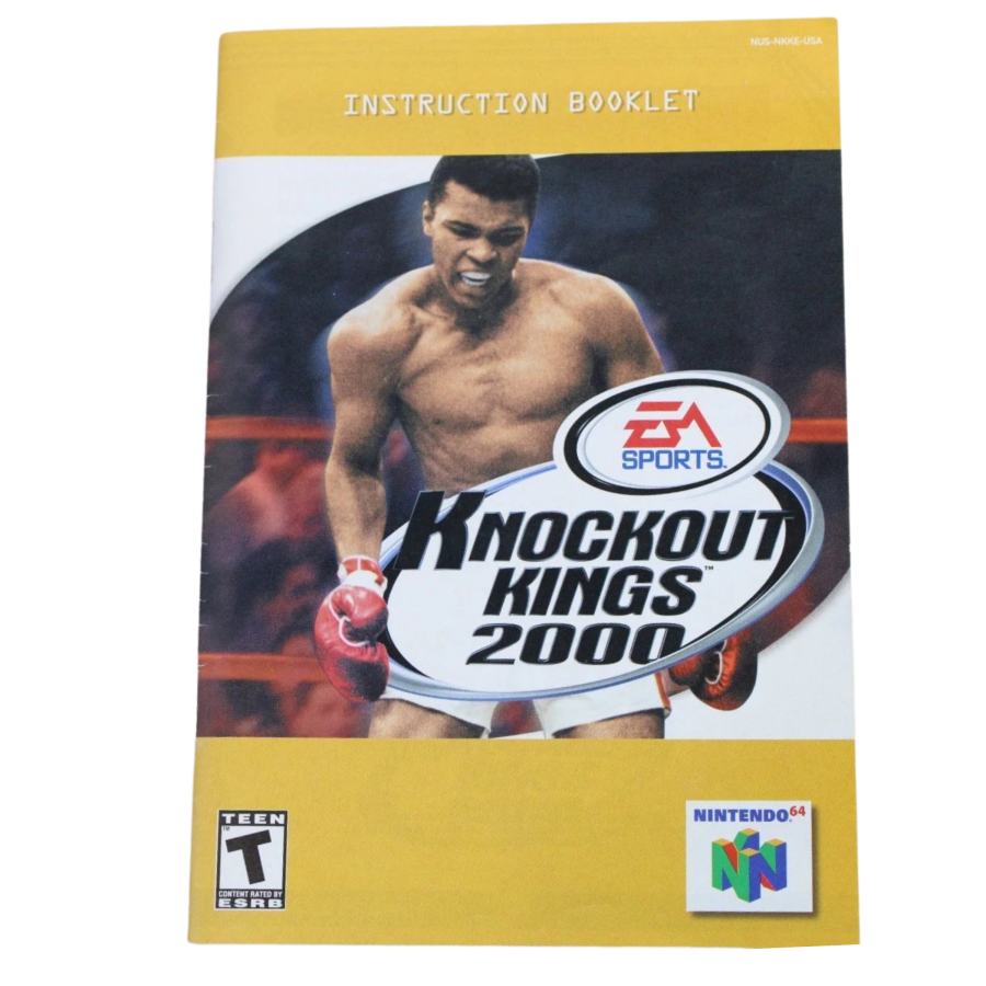 Knockout Kings 2000 game for the Nintendo 64 featuring boxing simulation gameplay with licensed fighters career mode training systems and realistic boxing matches including exhibition and championship bouts in a complete in box retail release format manual 