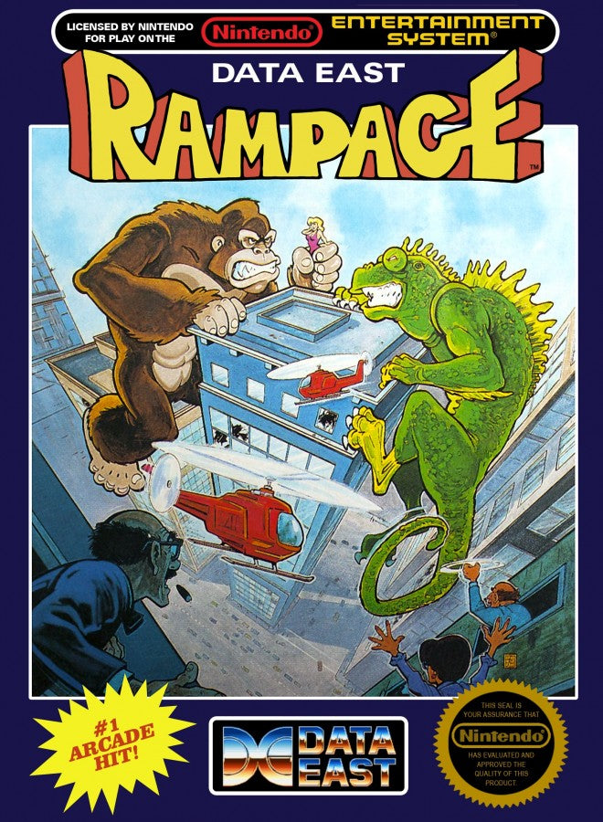 Rampage Nintendo Entertainment System NES arcade-style action video game featuring giant monsters smashing buildings battling military forces climbing skyscrapers destroying cities and classic Nintendo Entertainment System NES gameplay collectible retro gaming appeal front cover art