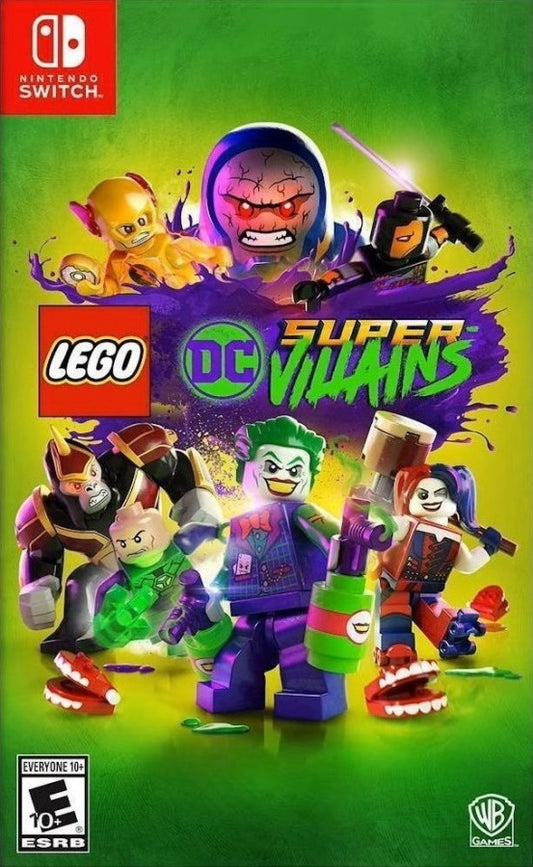 LEGO DC Super-Villains cover art for the Nintendo Switch featuring LEGO style action adventure gameplay with an open world DC universe character customization and story driven missions as players control iconic villains across Gotham and beyond front cover 