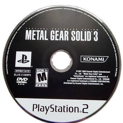 Metal Gear Solid 3 Snake Eater PS2 inspired design featuring tactical stealth action aesthetic Cold War espionage jungle survival military infiltration cinematic storytelling covert operations legendary stealth gameplay nostalgic PlayStation 2 presentation disc