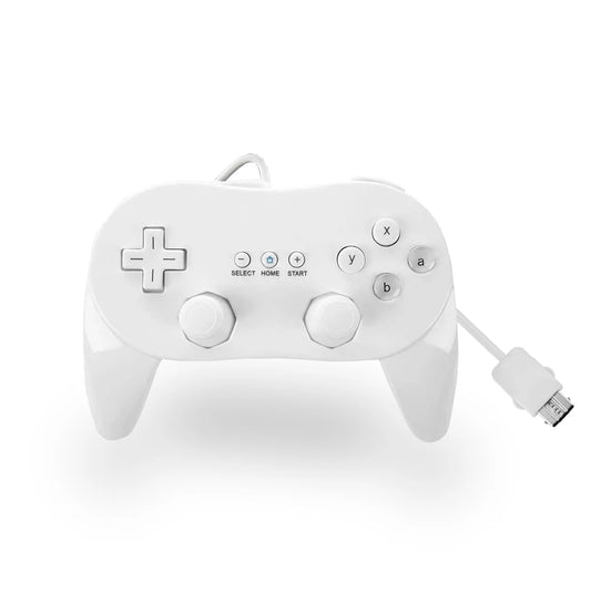 White Wii Classic Pro Style Controller for Nintendo Wii and Wii U featuring ergonomic dual analog sticks responsive shoulder buttons comfortable grip wired controller design compatibility with Virtual Console and classic games collectible gaming appeal