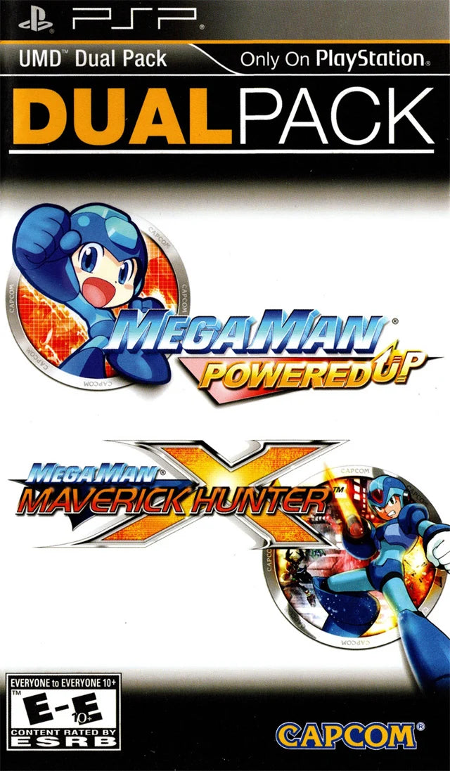 Mega Man Dual Pack PlayStation Portable PSP for action platforming video game fans featuring Mega Man classic side scrolling gameplay robot enemies challenging stages powerful weapons boss battles power ups and two Mega Man games in one portable collection collectible gaming appeal front cover art