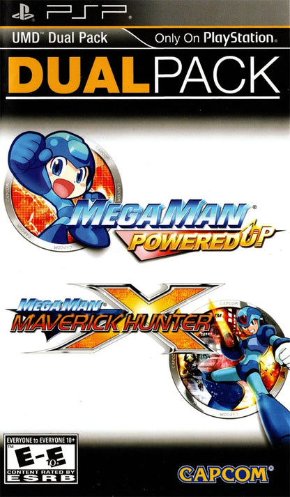 Mega Man Dual Pack PlayStation Portable PSP for action platforming video game fans featuring Mega Man classic side scrolling gameplay robot enemies challenging stages powerful weapons boss battles power ups and two Mega Man games in one portable collection collectible gaming appeal front cover art