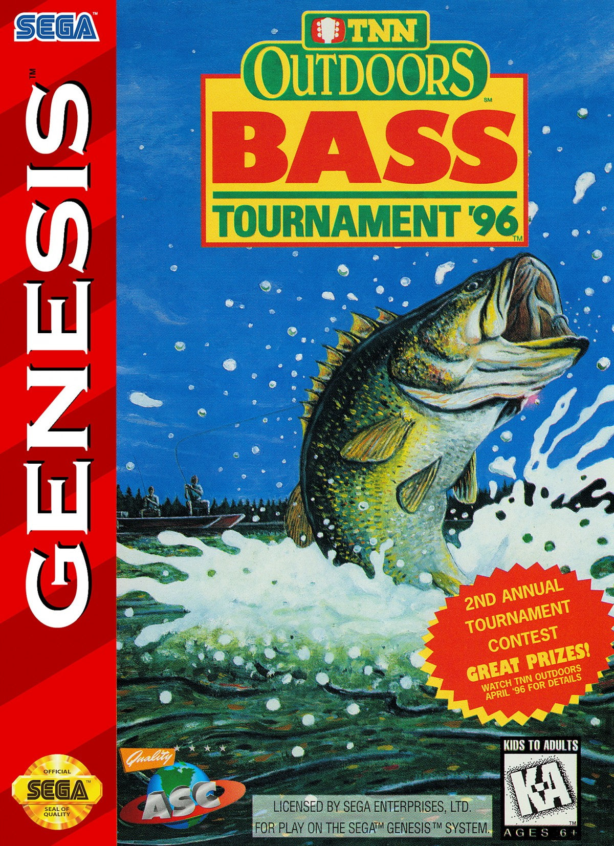 TNN Outdoors Bass Tournament 96 retro Sega Genesis video game featuring fishing tournament gameplay, competitive bass fishing challenges, sports simulation action and classic Genesis entertainment - cover art
