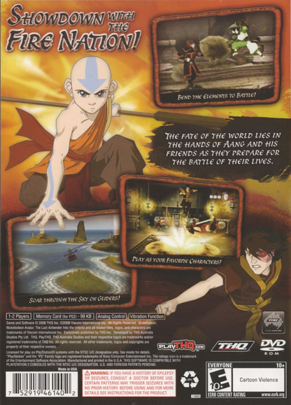 Avatar: The Last Airbender: Into the Inferno for PlayStation 2 (PS2) featuring an action adventure based on Book Three where you play as Aang Katara Sokka and Toph using elemental bending abilities; battle through story missions defeat the Fire Nation and progress toward the final confrontation in this PS2 tie in game back cover