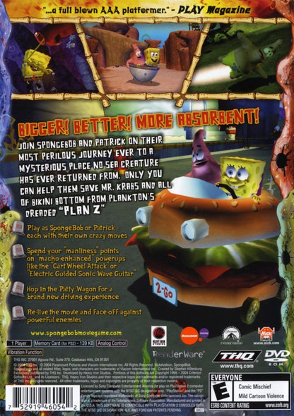 The SpongeBob SquarePants Movie game for the PlayStation 2 featuring action platformer gameplay with character switching puzzle solving and levels based on the film as SpongeBob and Patrick adventure across Bikini Bottom and beyond back cover 