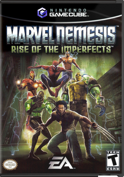 Marvel Nemesis: Rise of the Imperfects GameCube game cover with superhero characters.