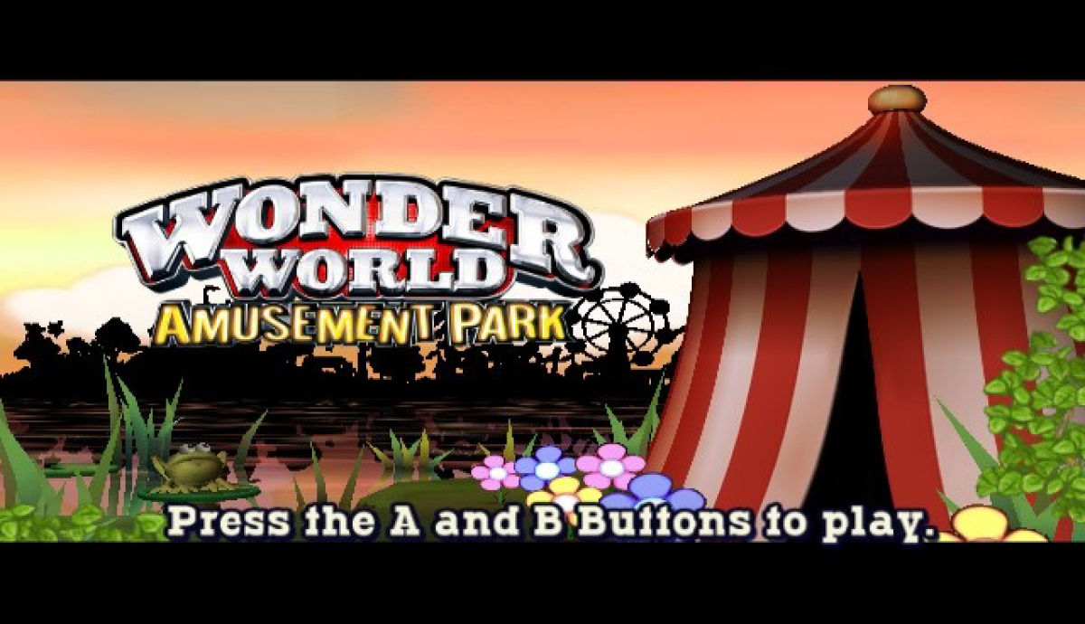 Wonder World Amusement Park title screen for Nintendo Wii (Wii) featuring carnival‑style mini‑games, colorful rides, and family‑friendly attractions in a whimsical theme park setting.