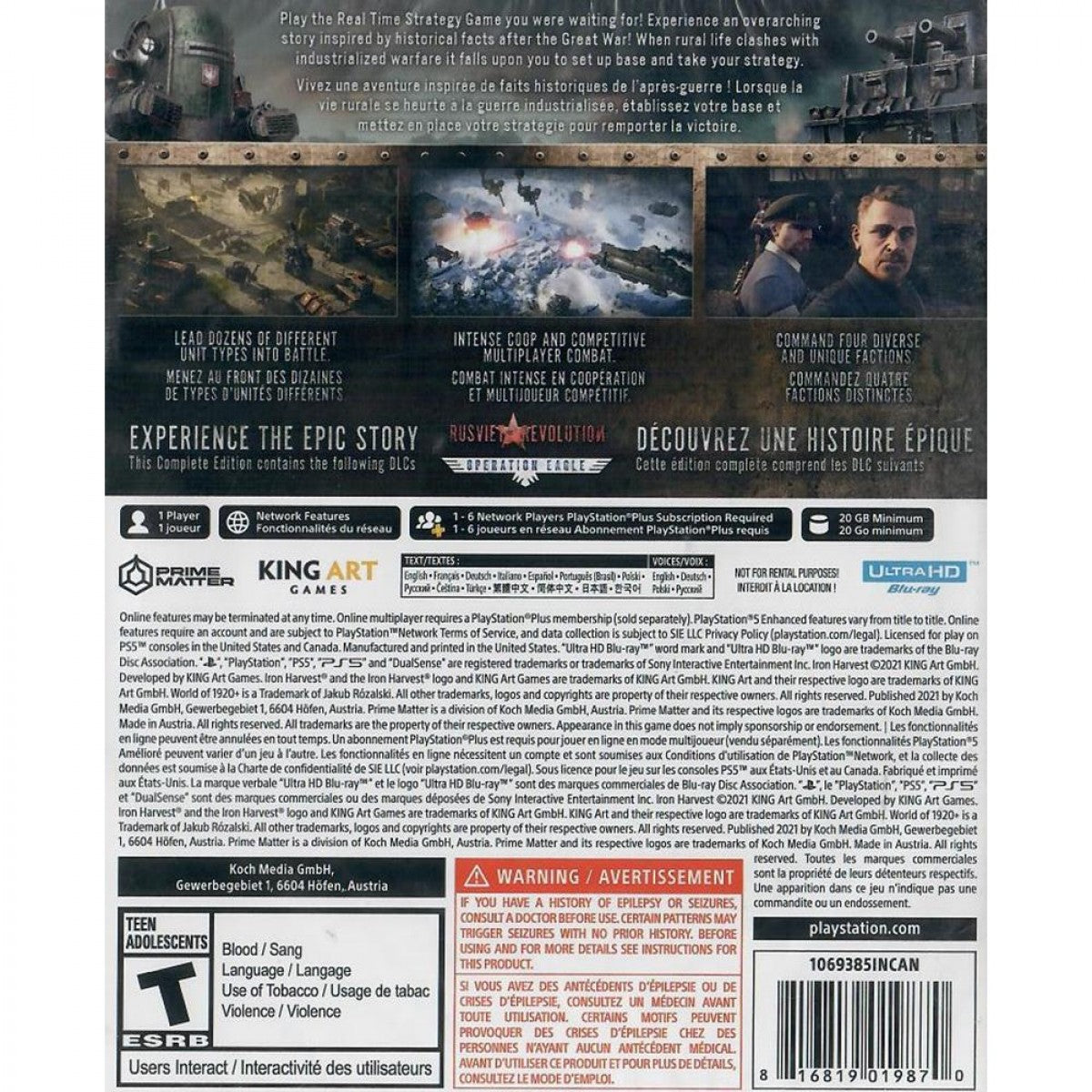Iron Harvest Complete Edition PlayStation 5 PS5 for real time strategy video game fans featuring alternate history dieselpunk warfare giant combat mechs infantry battles tactical missions resource management faction campaigns multiplayer strategy and Complete Edition content with immersive battlefield action collectible gaming appeal back cover art