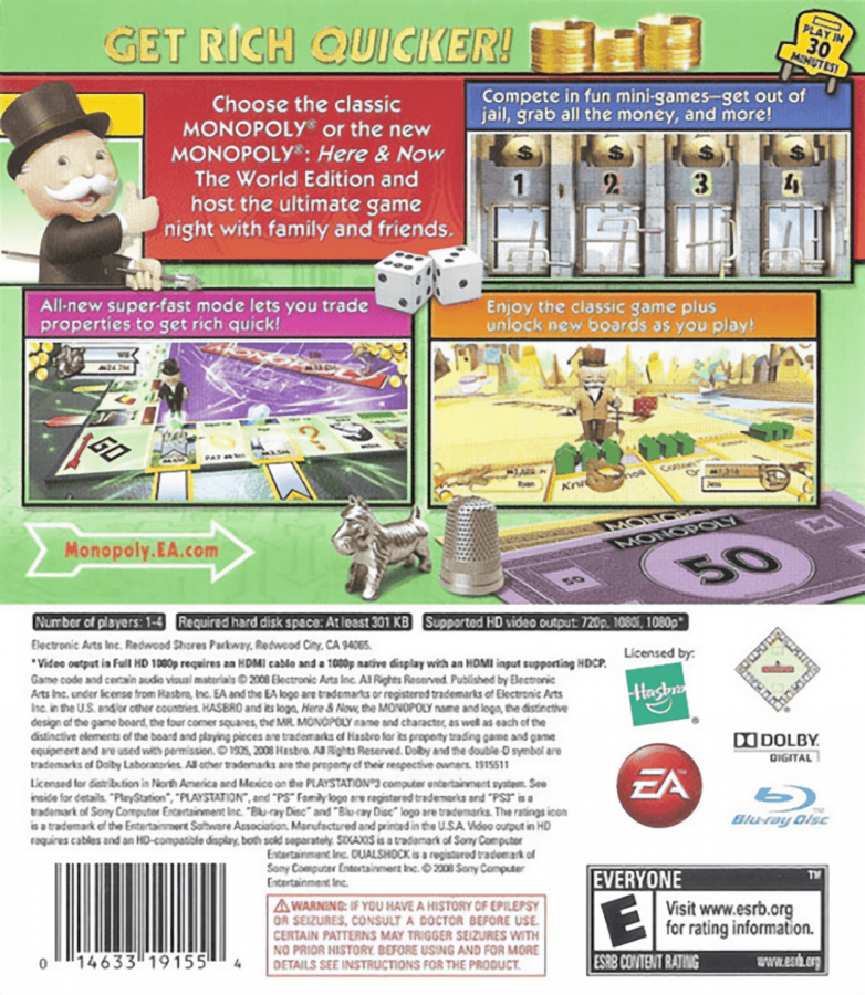 Monopoly back cover art for PlayStation 3 (PS3) video game