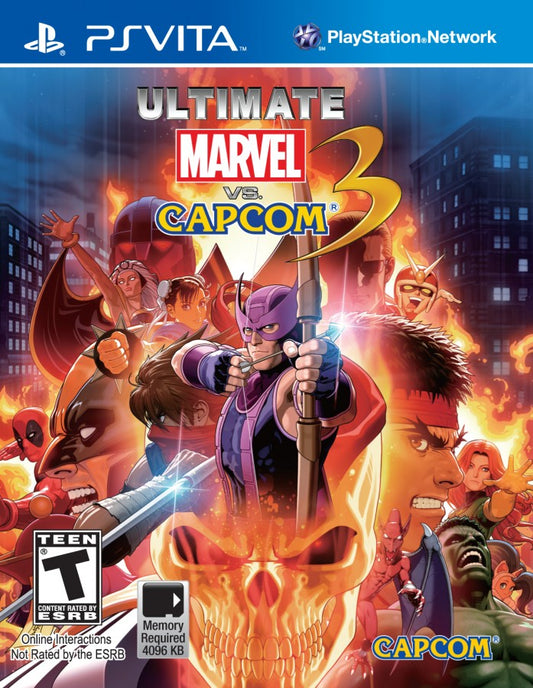 Ultimate Marvel vs Capcom 3 PlayStation Vita PS VITA cover art for retro video game enthusiasts featuring fast paced crossover fighting gameplay iconic Marvel and Capcom character roster combo heavy combat mechanics tag team battles colorful arcade style visuals and portable competitive fighting game experience and collectible gaming appeal