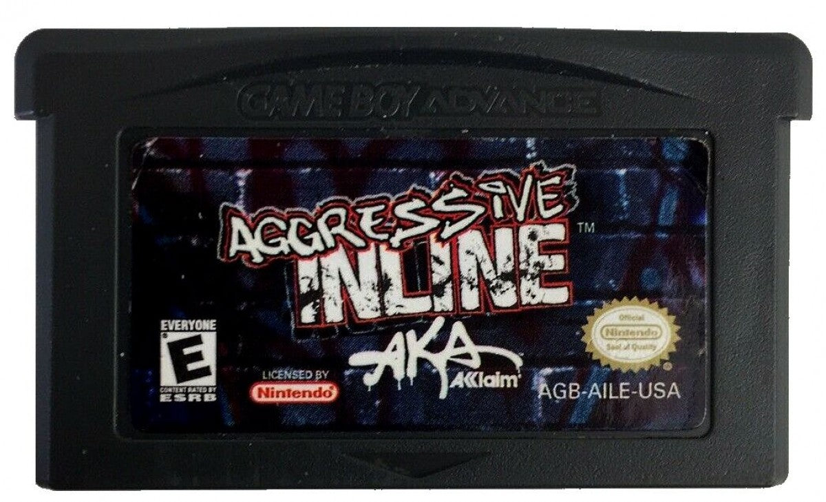 Aggressive Inline for Game Boy Advance (GBA), cartridge for a retro video game featuring inline skating gameplay, trick-based challenges, extreme sports action, competitive races, and arcade-style stunt mechanics