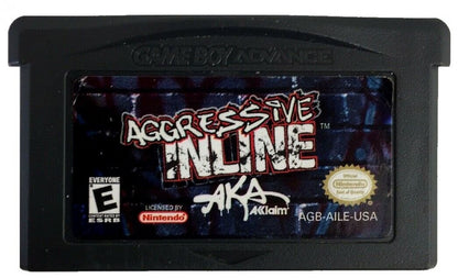 Aggressive Inline for Game Boy Advance (GBA), cartridge for a retro video game featuring inline skating gameplay, trick-based challenges, extreme sports action, competitive races, and arcade-style stunt mechanics