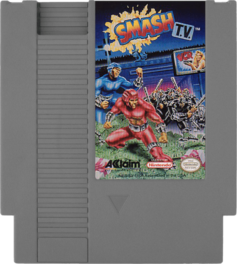 Smash TV cartridge for the Nintendo Entertainment System featuring 8 bit top down twin stick shooter action with intense arcade style gameplay futuristic arenas and hordes of enemies cartridge