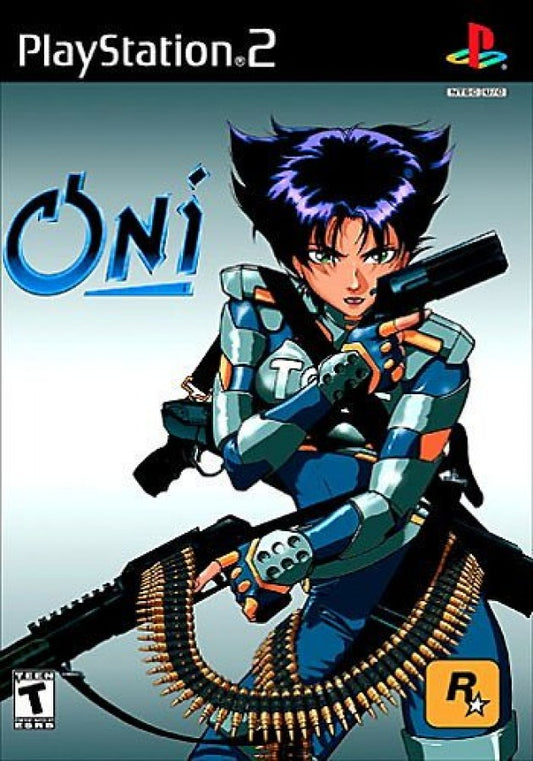 Oni for PlayStation 2 third person action game featuring futuristic cyberpunk setting martial arts combat shooting missions anime inspired story gameplay  front cover 