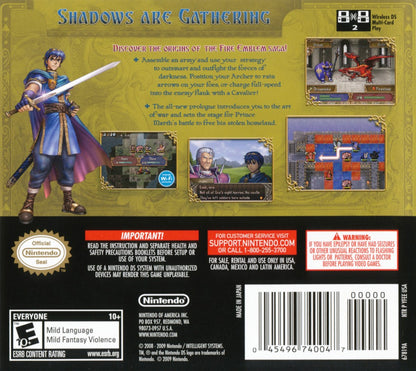 Fire Emblem Shadow Dragon cartridge for the Nintendo DS featuring turn based tactical RPG gameplay with grid based battles character progression and story driven missions as Prince Marth fights to save the kingdom back cover