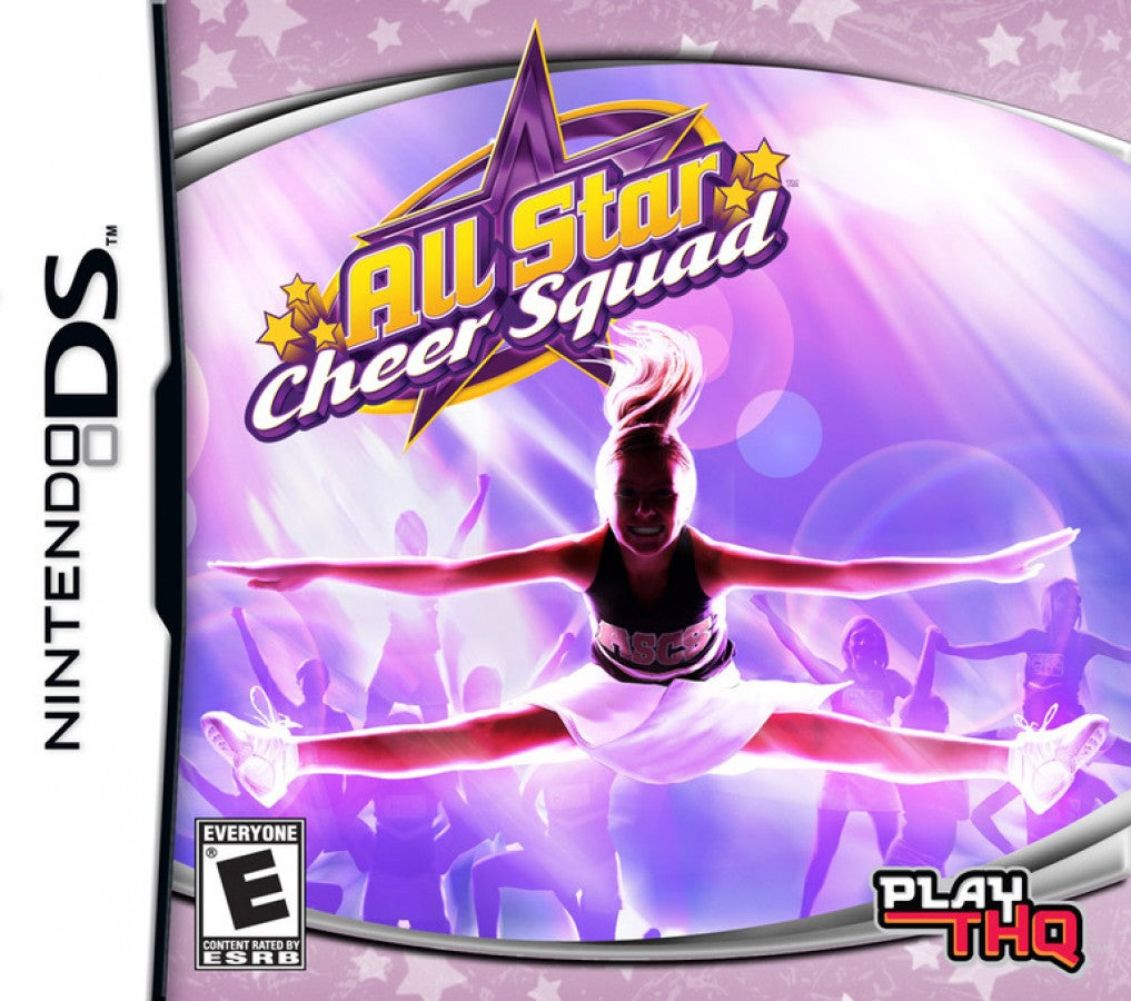 All-Star Cheer Squad Nintendo DS cover art for retro video game featuring competitive cheerleading gameplay, rhythm based routines, customizable squads, dance challenges, and portable sports simulation action on the Nintendo DS handheld system