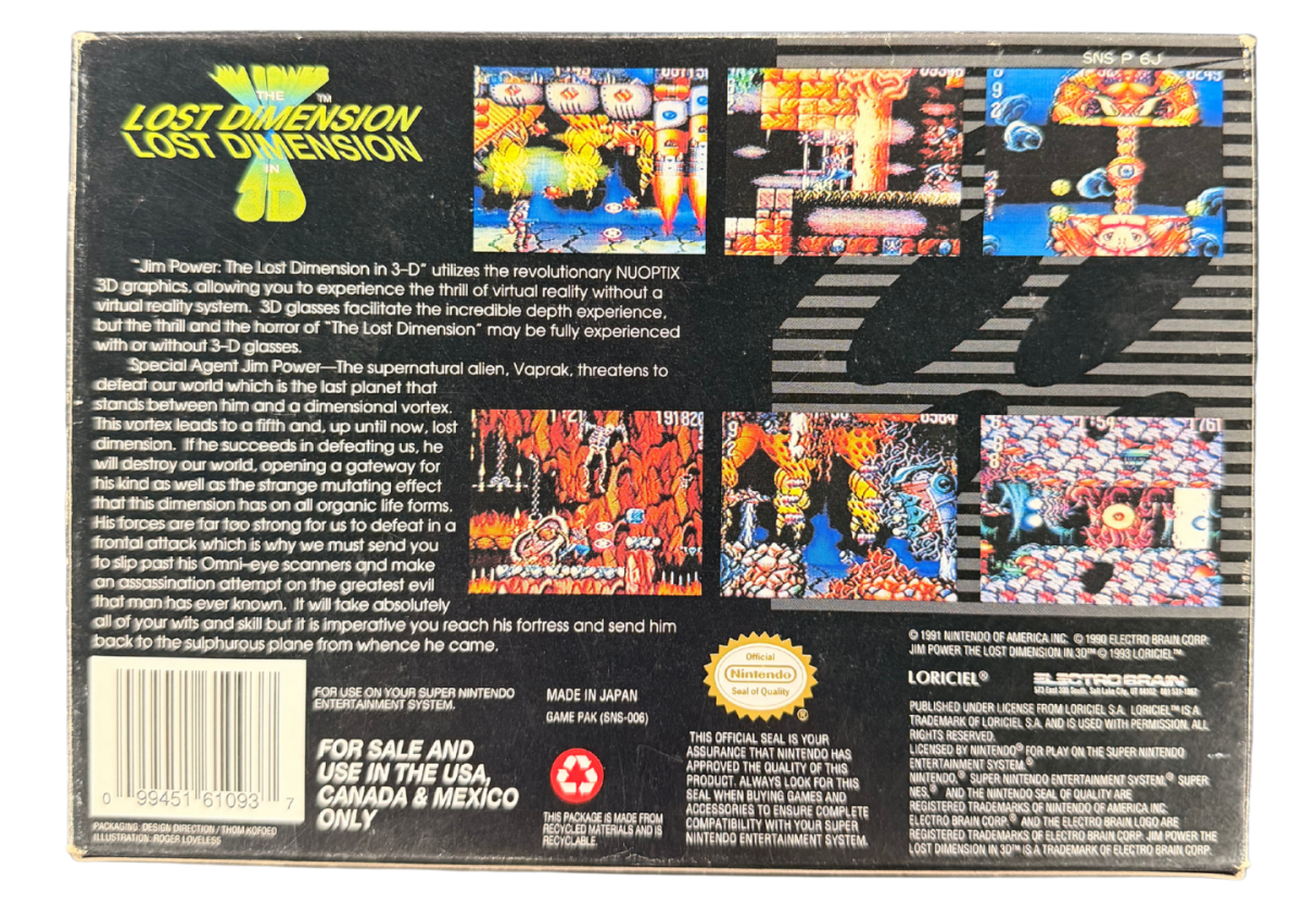Jim Power The Lost Dimension Super Nintendo Entertainment System SNES retro video game action platformer featuring fast paced side scrolling combat challenging levels futuristic enemies power ups classic 16 bit graphics Super Nintendo gaming experience retro game collection appeal back cover art